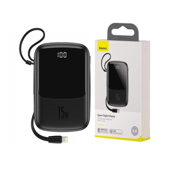 BASEUS POWER BANK BS-P1001L (PPQD-B01) WITH IP CABLE 2 INPUTS/4 OUTPUTS 10000MAH 15W 3A BLACK BASEUS POWER BANK BS-P1001L (PPQD-B01) WITH IP CABLE 2 INPUTS/4 OUTPUTS 10000MAH 15W 3A BLACK